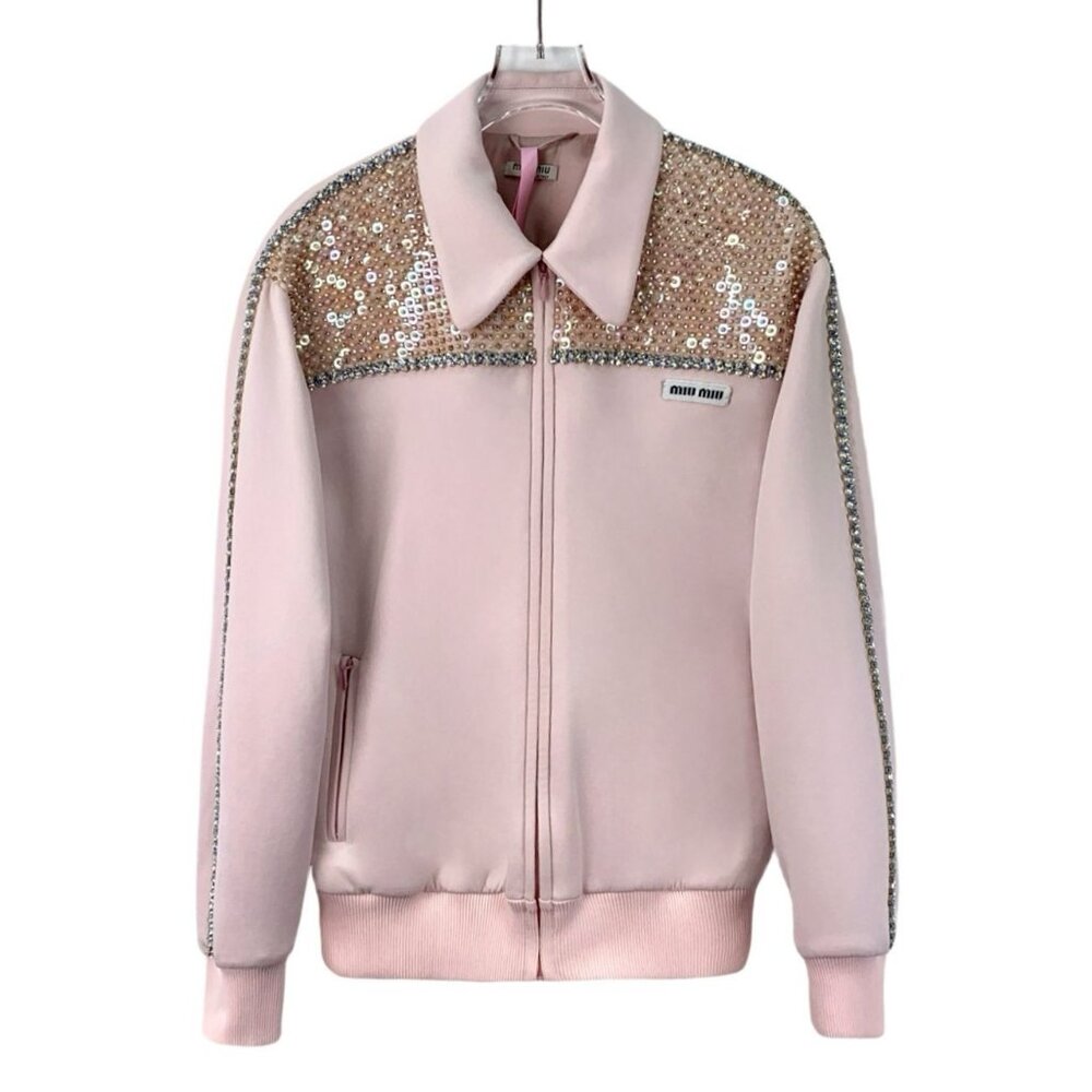 Miu Miu Pink Sequin & Diamond-Embellished Long-Sleeve Zip Jacket Size S
